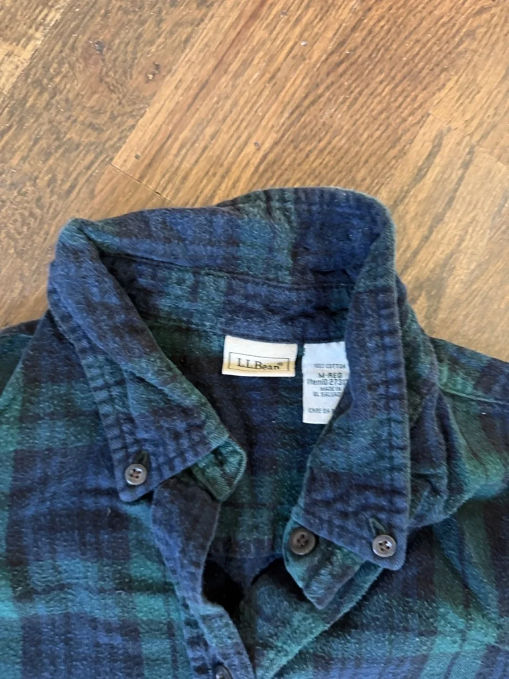 L.L. Bean Navy and Green Scotch Plaid Button-Down Flannel Shirt - Picture 2 of 3